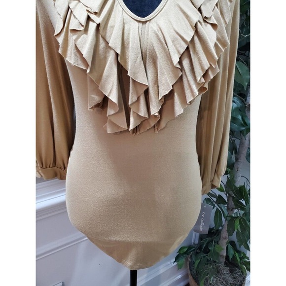 Ny Collection Woman's Khaki Rayon Long Sleeve Ruffle Pullover Top Shirt Size M - Picture 3 of 11